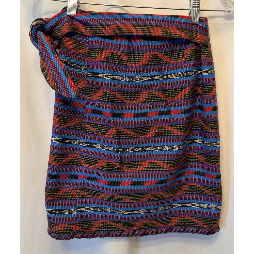 Vintage Neiman Marcus Size 6 Med Cotton Leather Aztec Wrap Skirt Boho USA Made